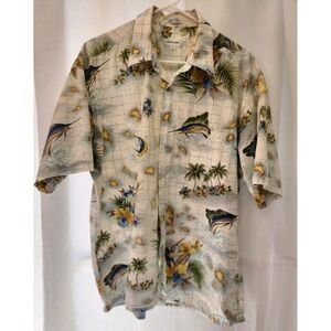VTG PIERRE CARDIN Men's‎ Beige & Blue Swordfish Hawaiian Shirt Button Up Size XL